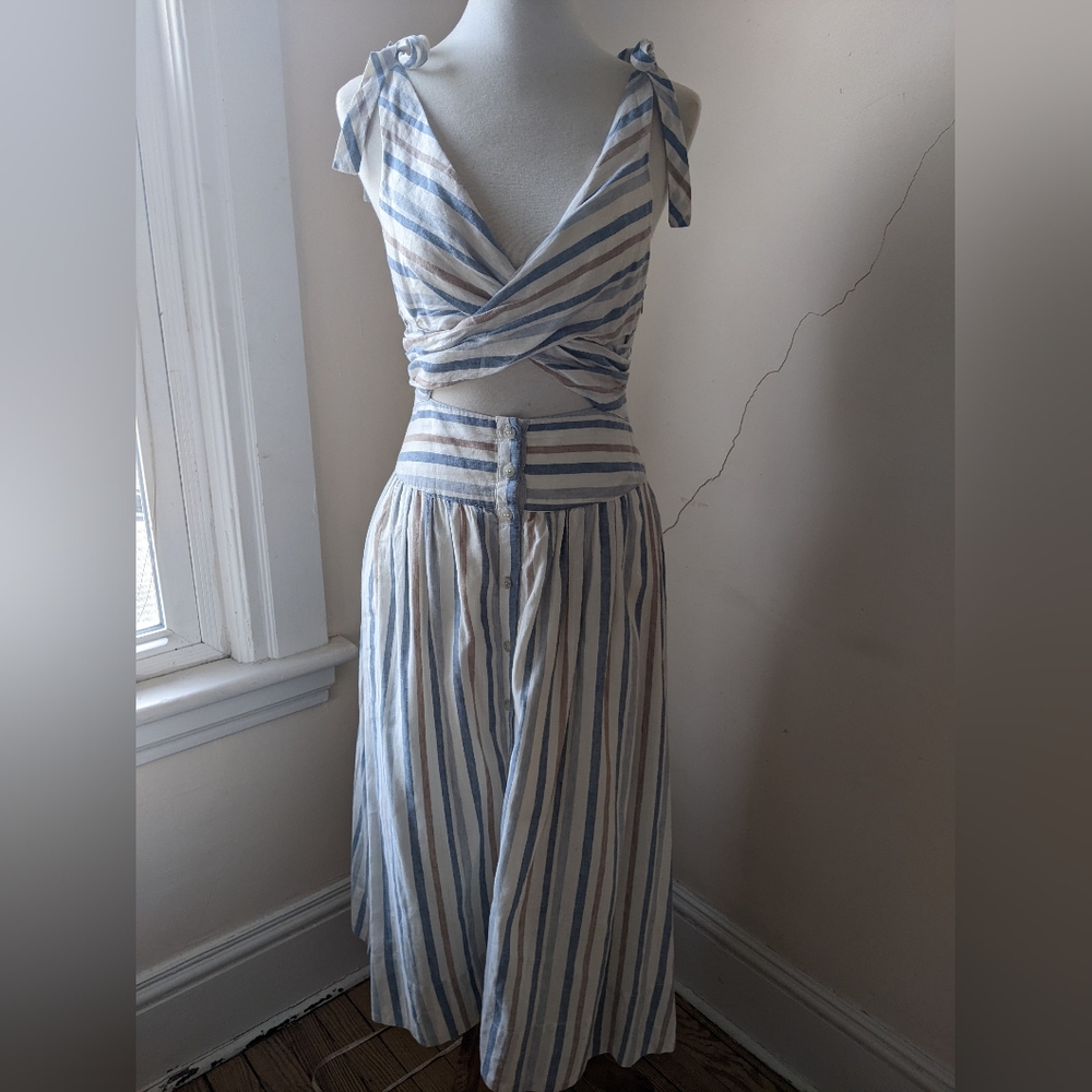 Free People Blue, Copper and White Striped Tie-Shoulder Midi Dress
